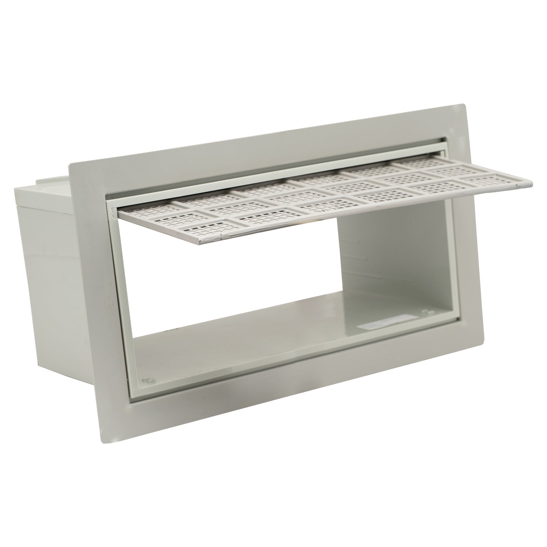 Grey flood vent with flap open on a white background