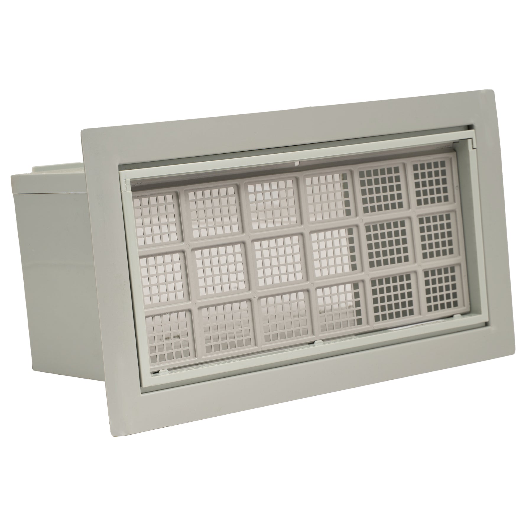 Rectangular gray vent with grid design on a white background