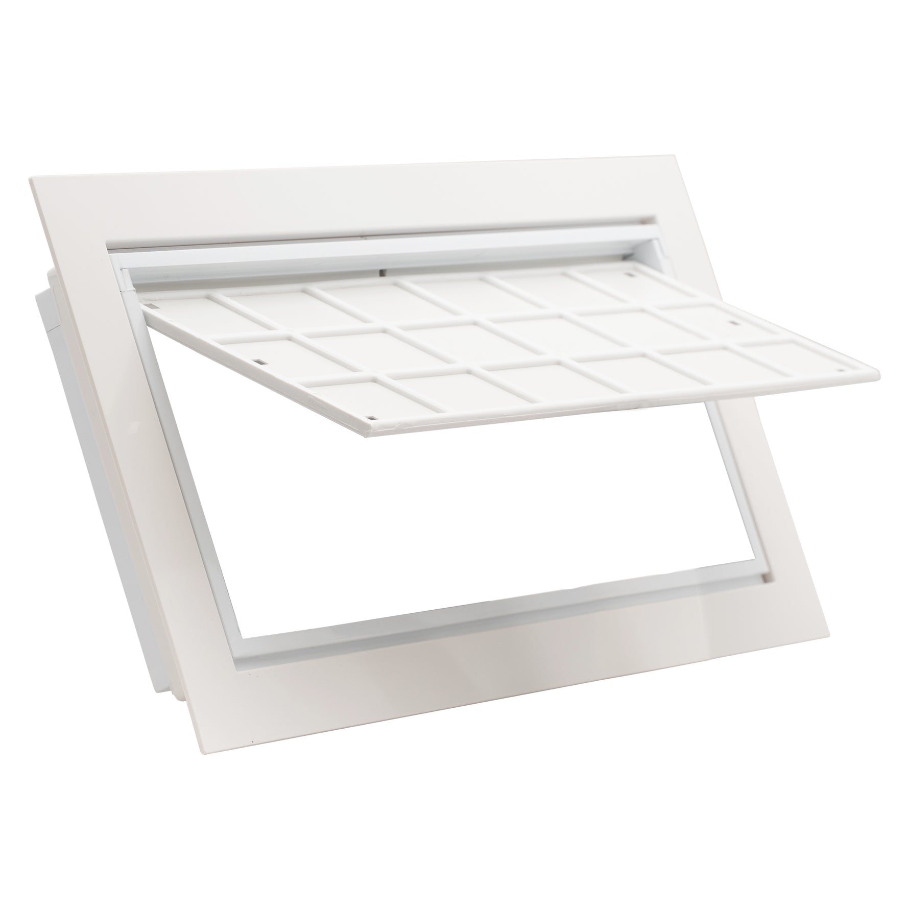White vent flap open with grid on a white background