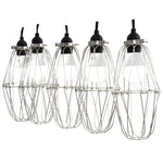 Set of five industrial-style wire cage light fixtures on a white background