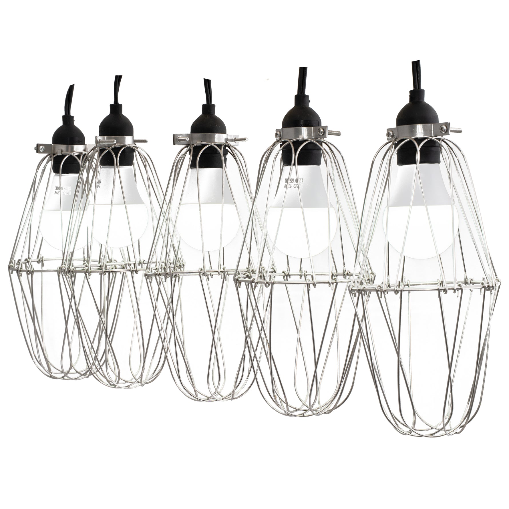 Set of five industrial-style wire cage light fixtures on a white background