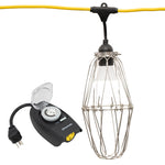 String light fixture with timer and power cord on a white background
