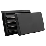 Black rectangular air vent with louvers and cover on a white background