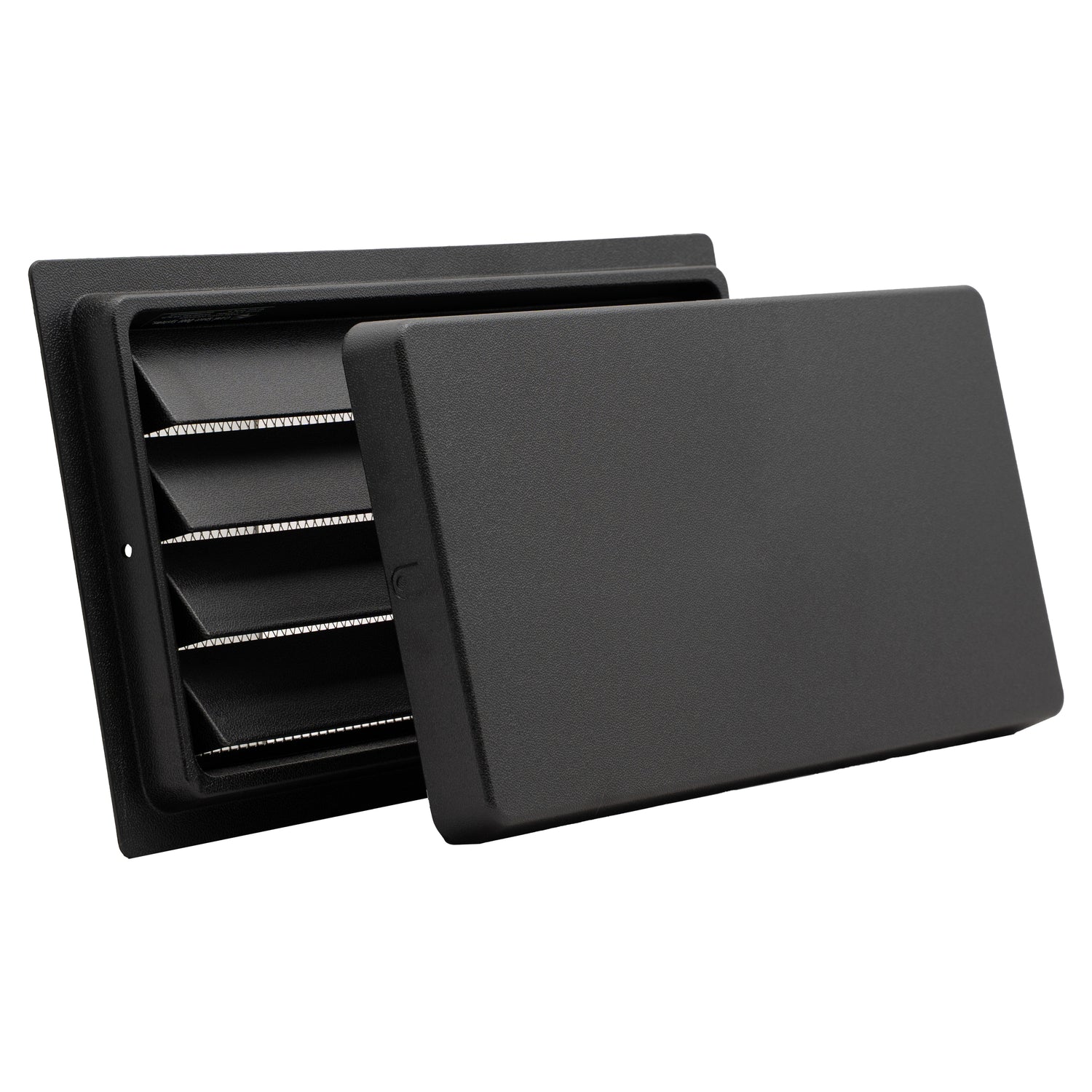 Black rectangular air vent with louvers and cover on a white background