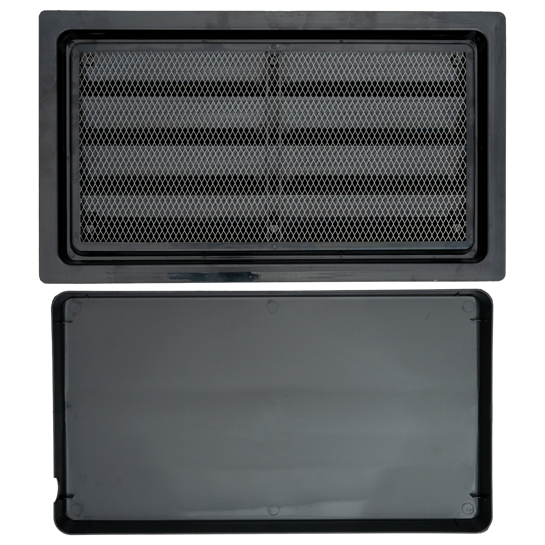 Metal grating in black plastic frame and interior of cover lid