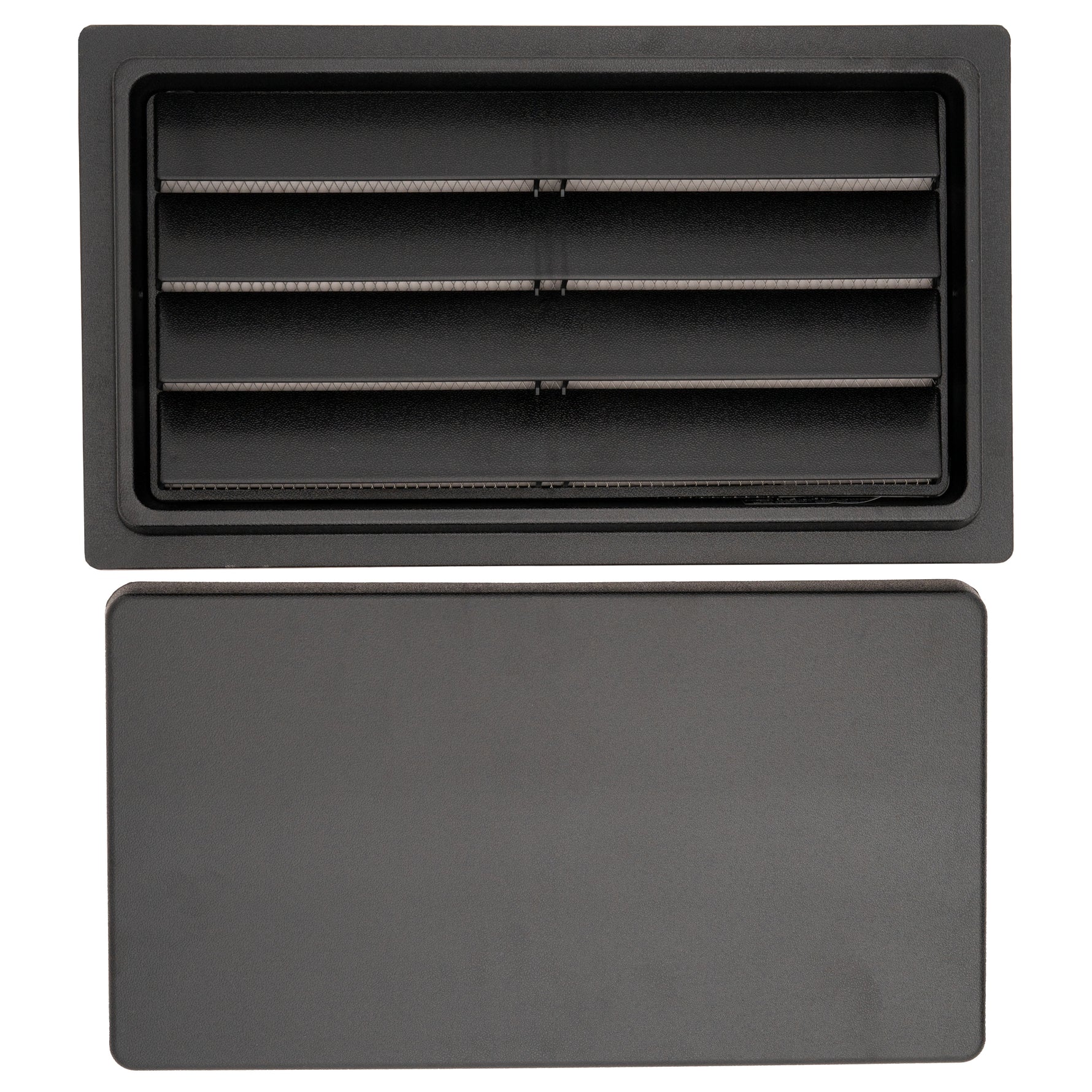 Black rectangular air vent with cover off on a white background