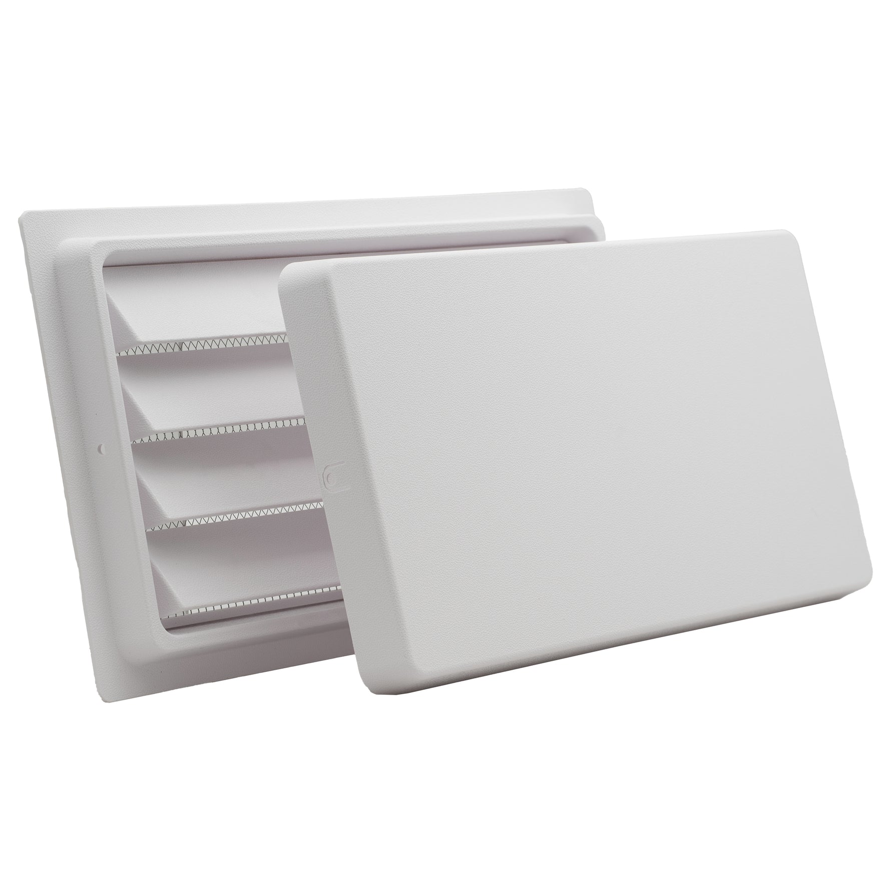 White plastic foundation air vent with a white lid on a white background
