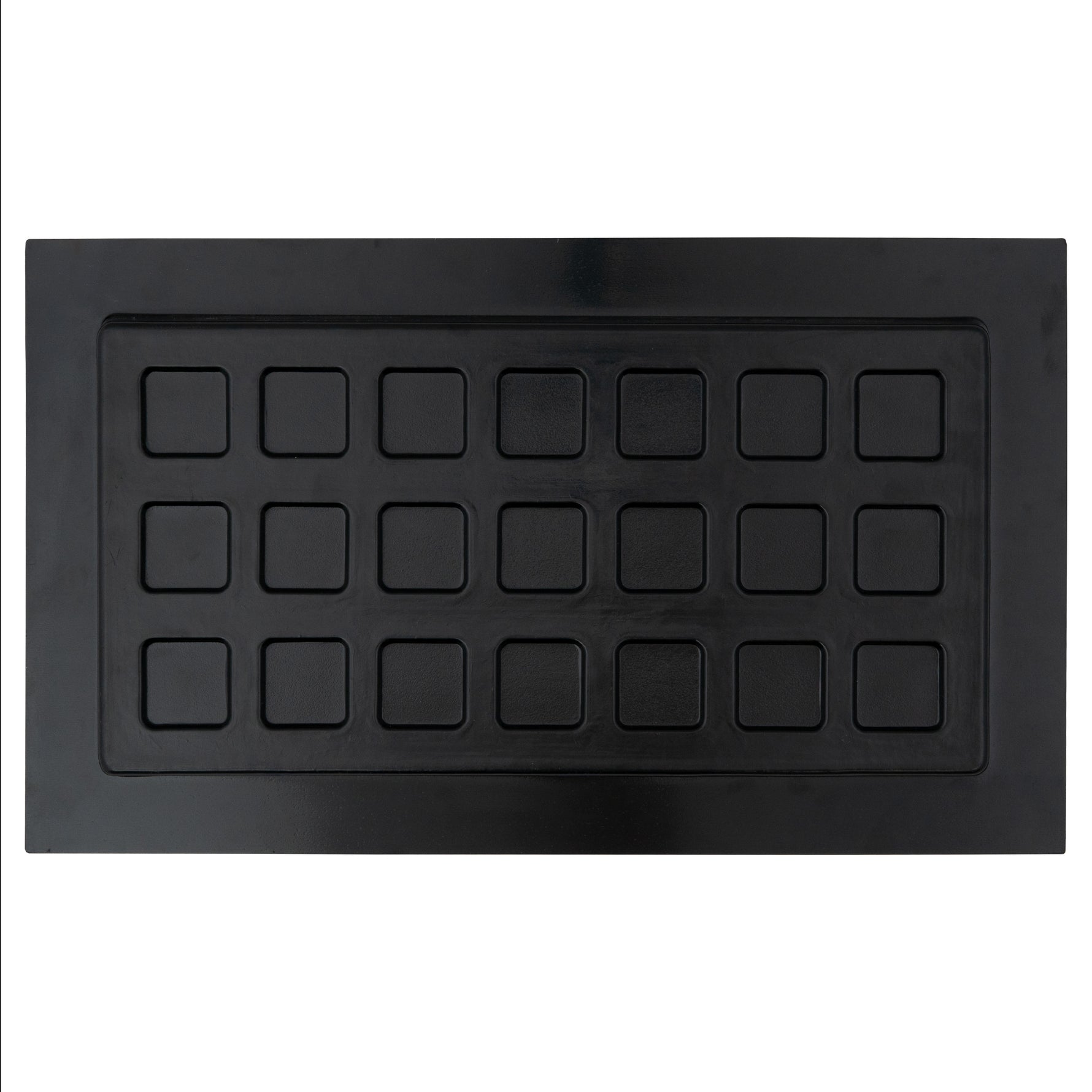 Black rectangular cover with square design on a white background