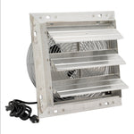 Metallic industrial exhaust fan with power cord on a white background