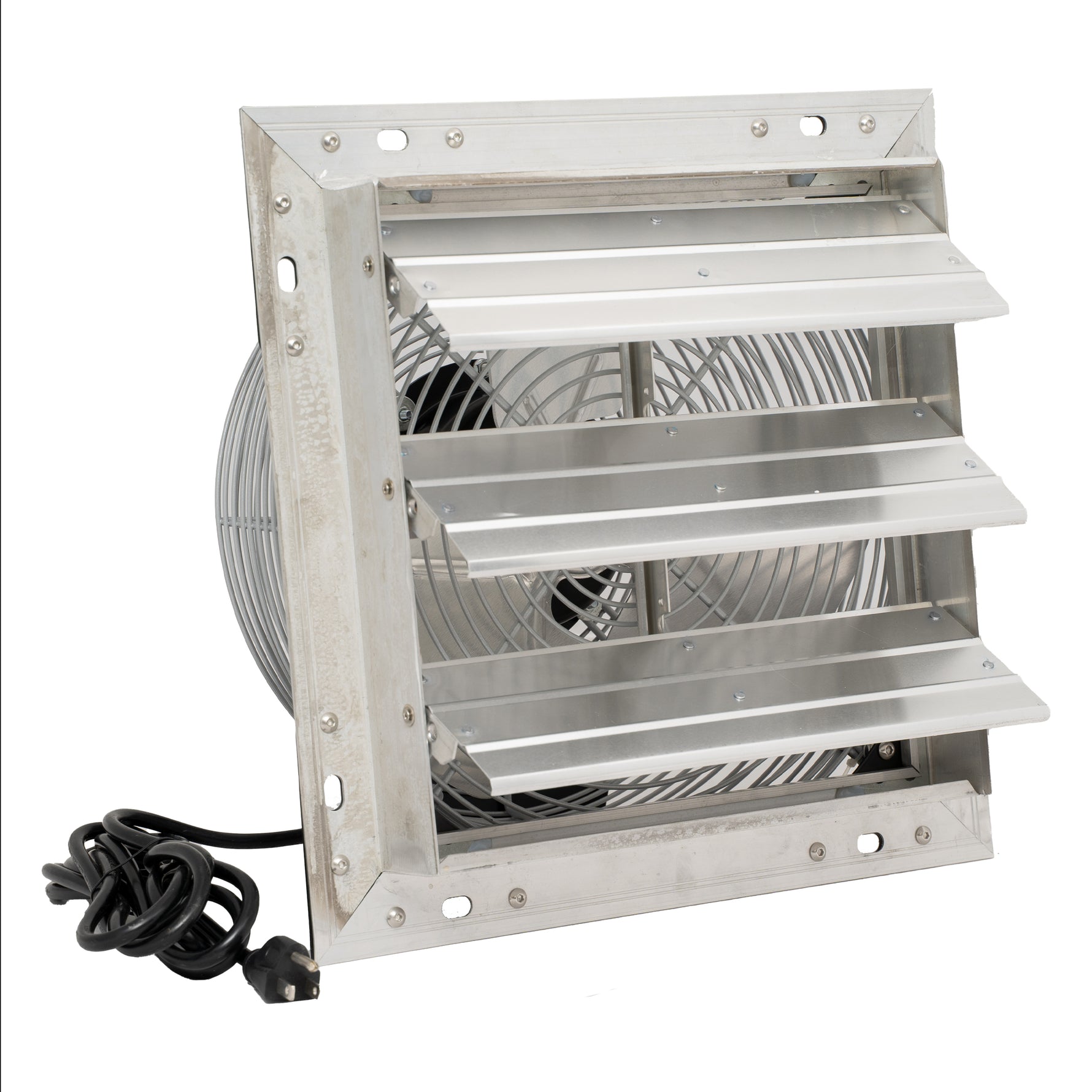 Metallic industrial exhaust fan with power cord on a white background