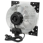 Industrial fan with mounting brackets and power cable on a white background