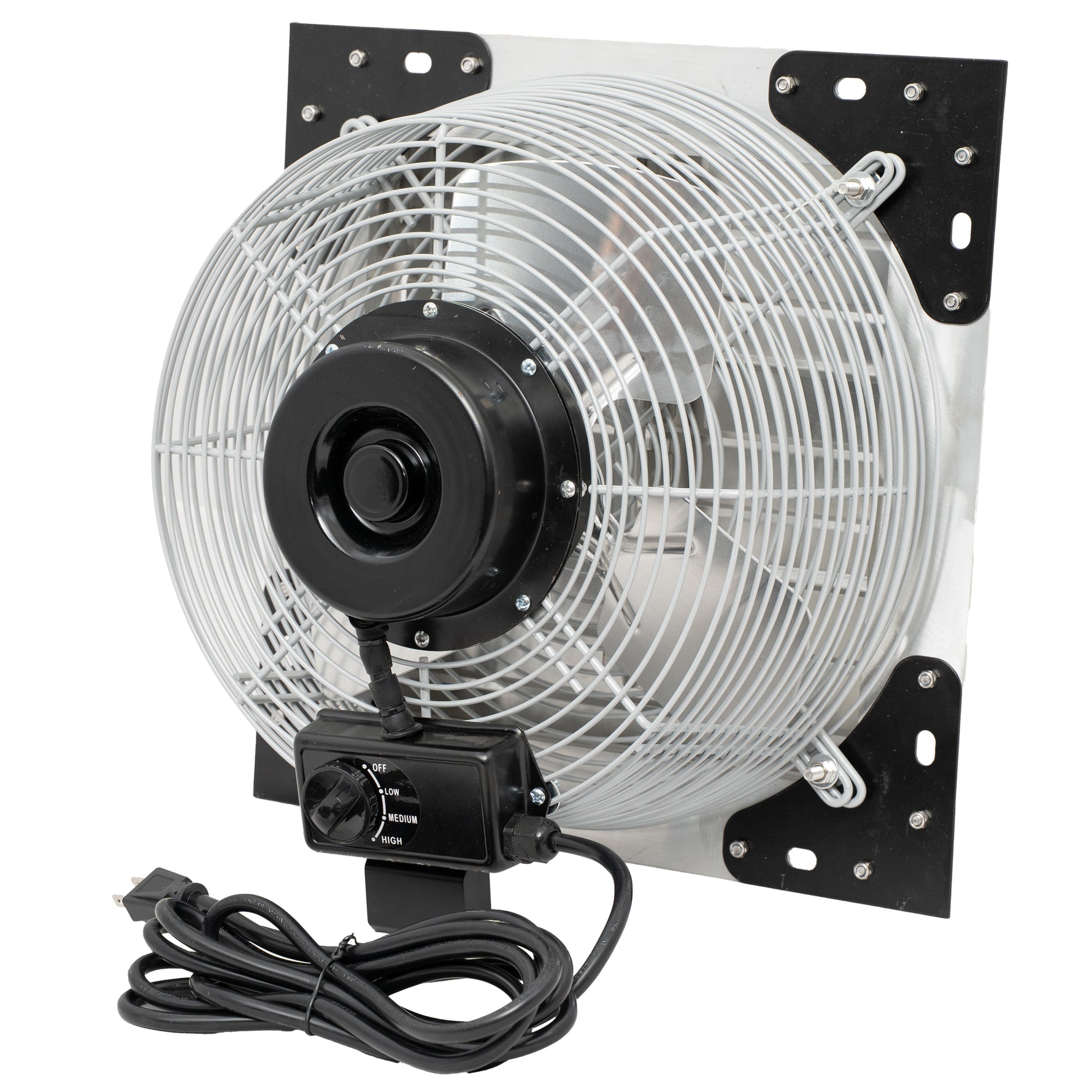 Industrial fan with mounting brackets and power cable on a white background