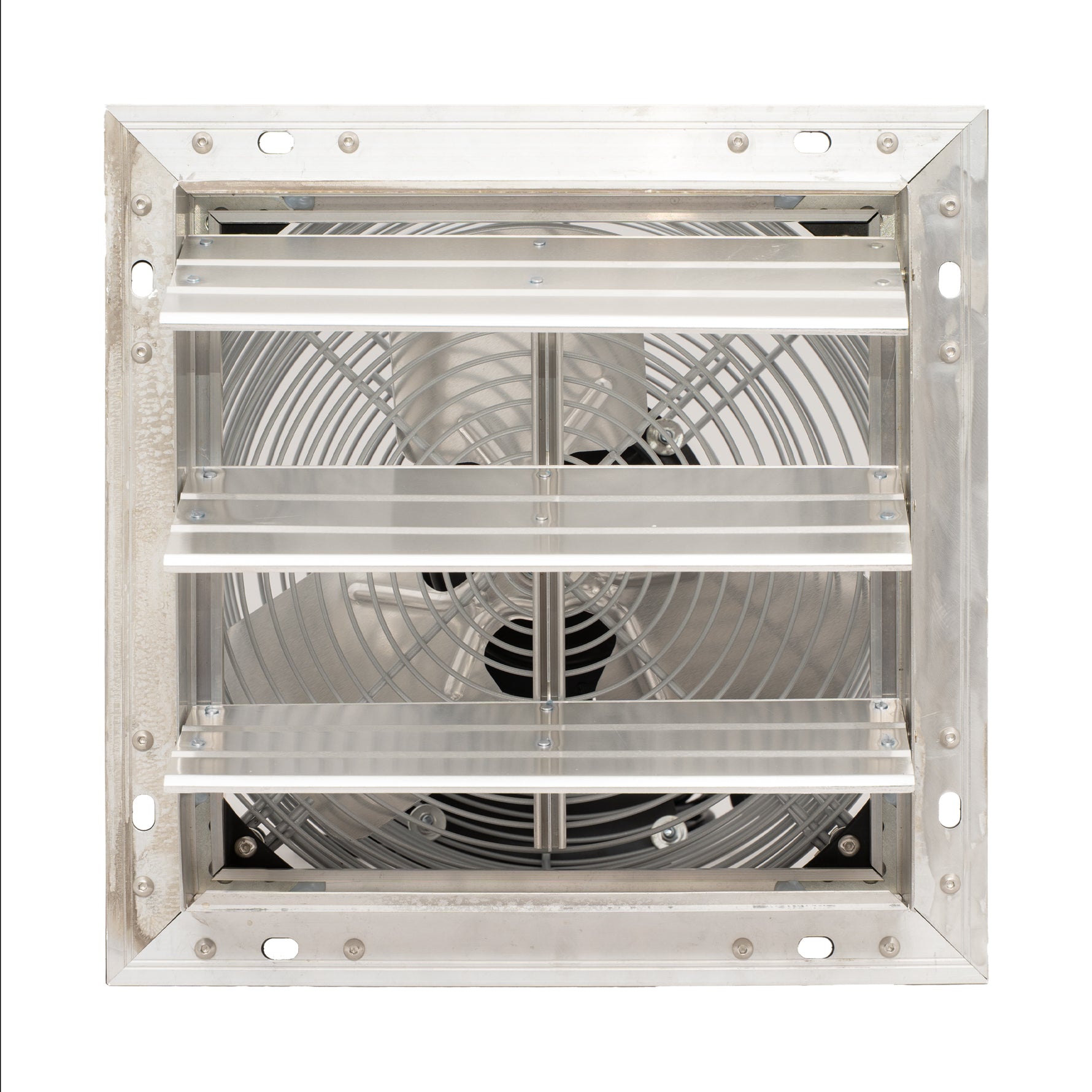 Metallic square exhaust fan on a white background