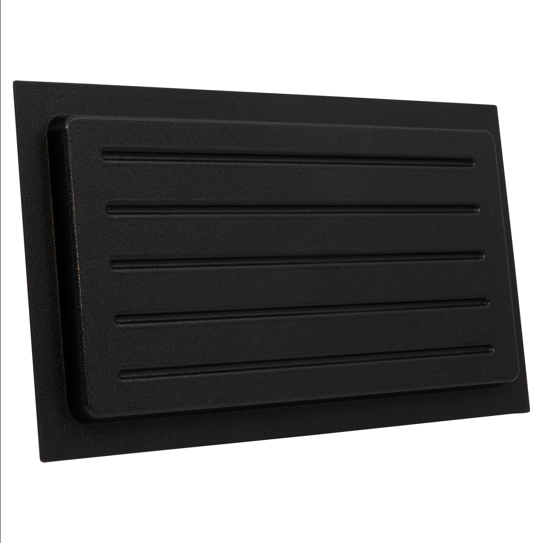Black rectangular vent cover on a white background