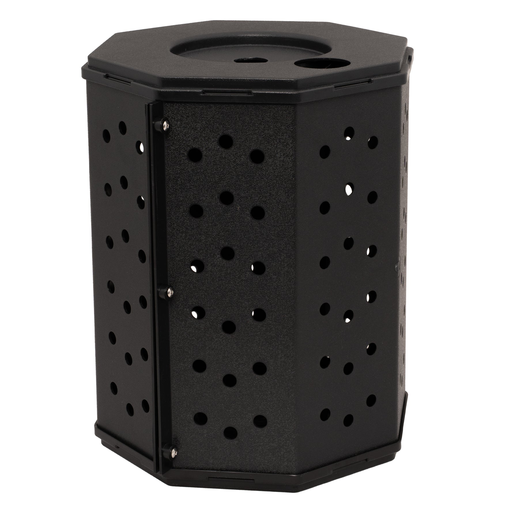 Black hexagonal bin with perforated design on a white background