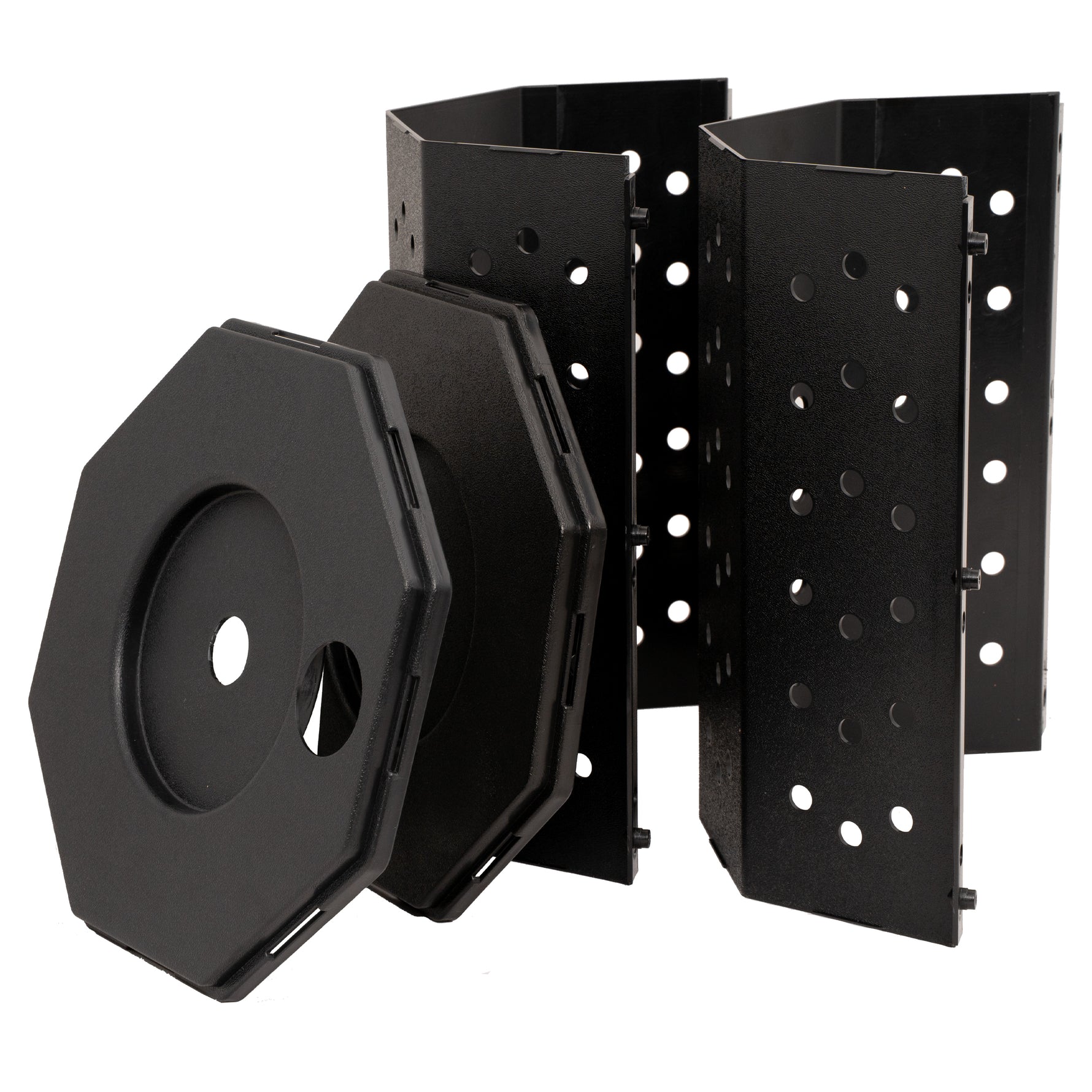 Black plastic bracket with multiple holes on a white background