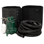 Sump pump system with a bucket, bag, a green pump, and a coiled black hose on a white background.