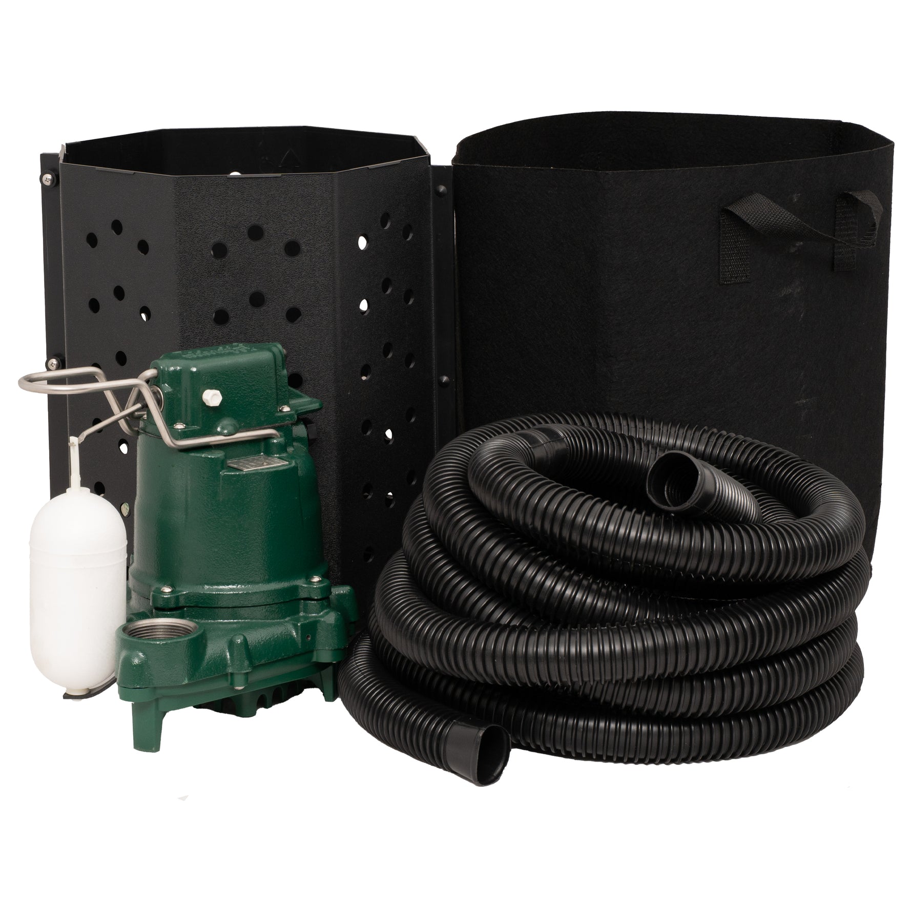Sump pump system with a bucket, bag, a green pump, and a coiled black hose on a white background.