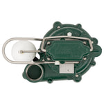 Green mechanical device with a white bulb on a white background top down