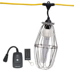 metal cage lighting system with UV lightbulb, cord, control outlet, and remote control on a white background