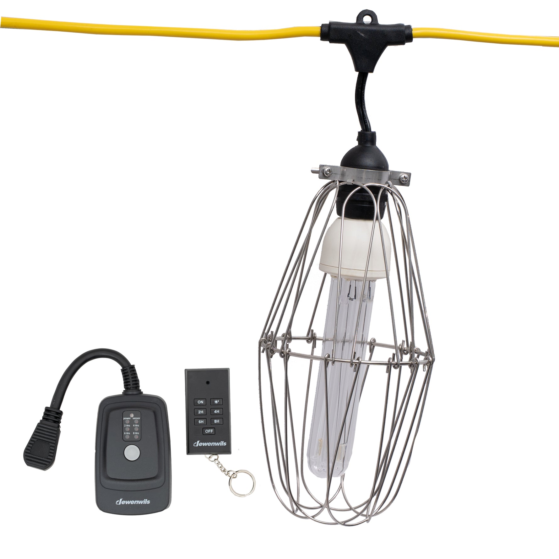 metal cage lighting system with UV lightbulb, cord, control outlet, and remote control on a white background