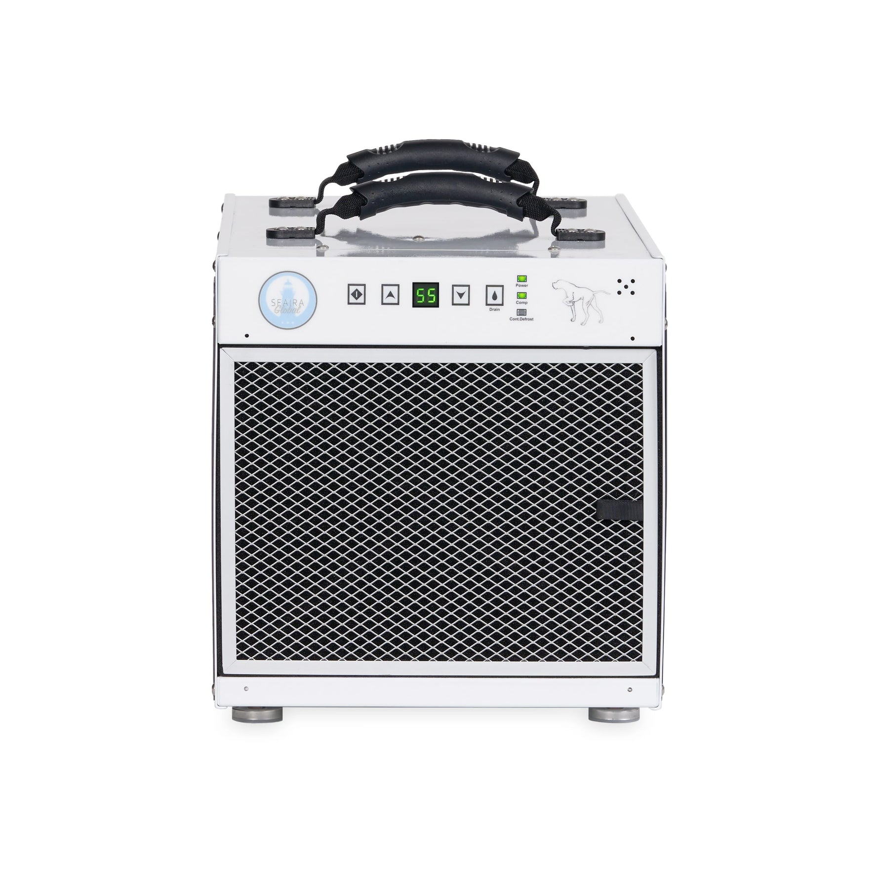 White dehumidifier with digital display on a white background