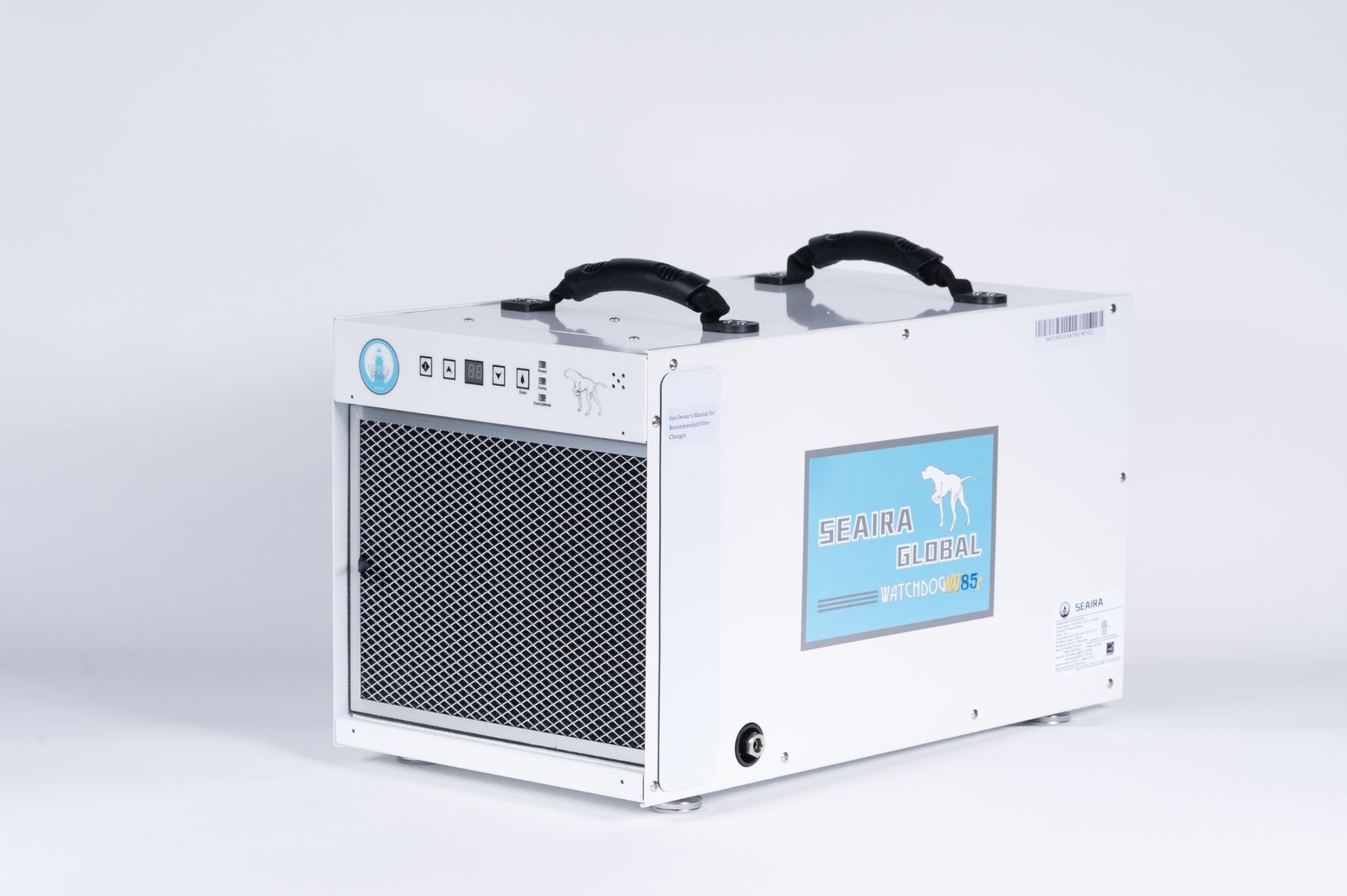 White dehumidifier with a blue logo on a white background