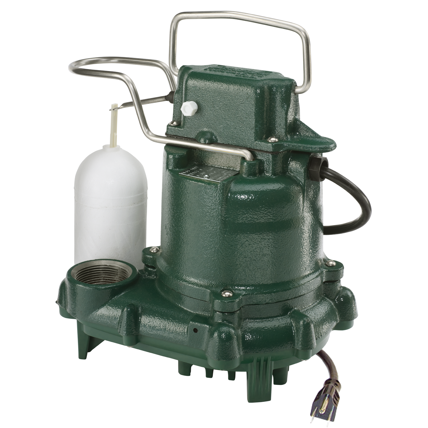 Green submersible pump with a white float on a white background