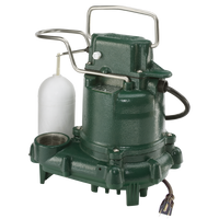 Green submersible pump with a white float on a white background