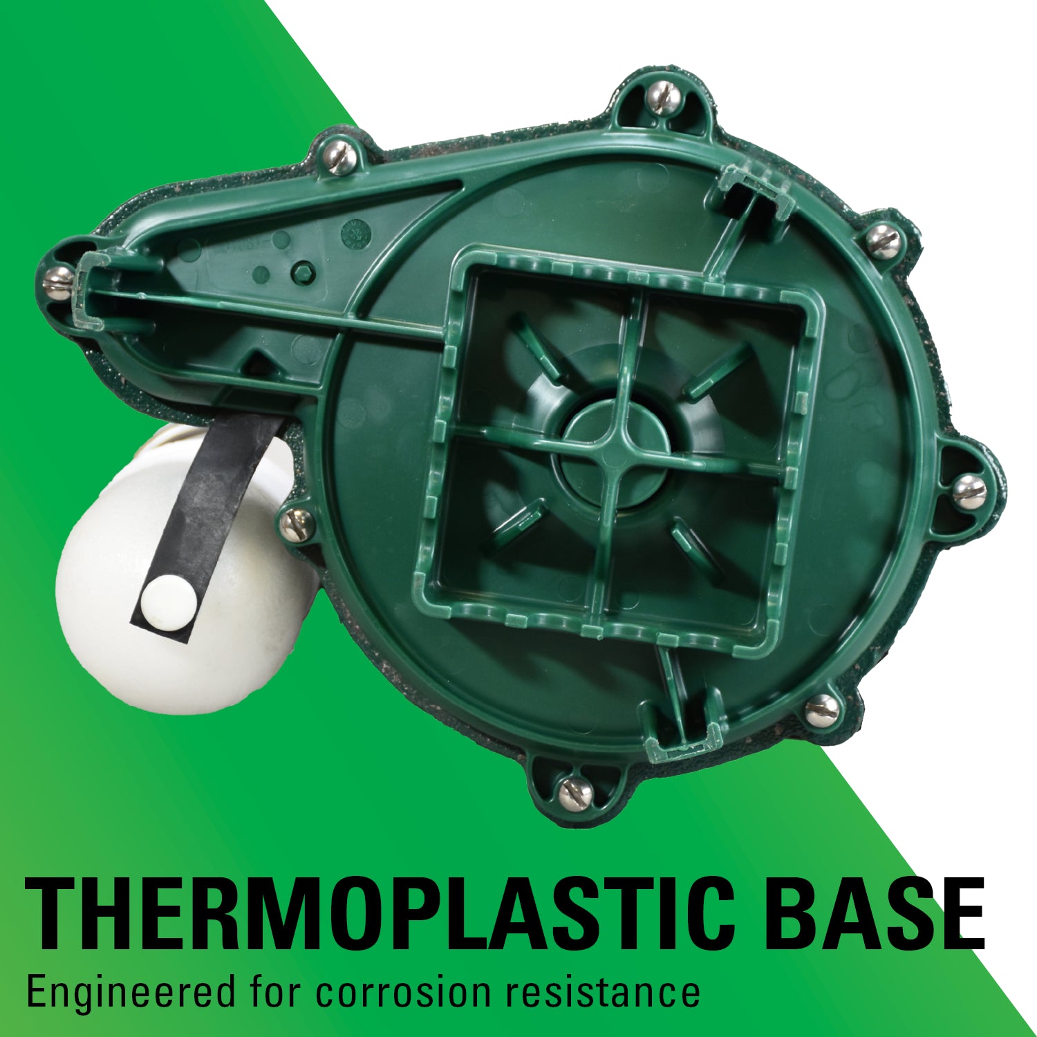 Mechanical component with thermoplastic base on a green and white background