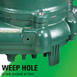 Close-up of a green mechanical component with a weep hole labeled on a green background