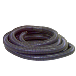 Coiled black rubber hose on a white background