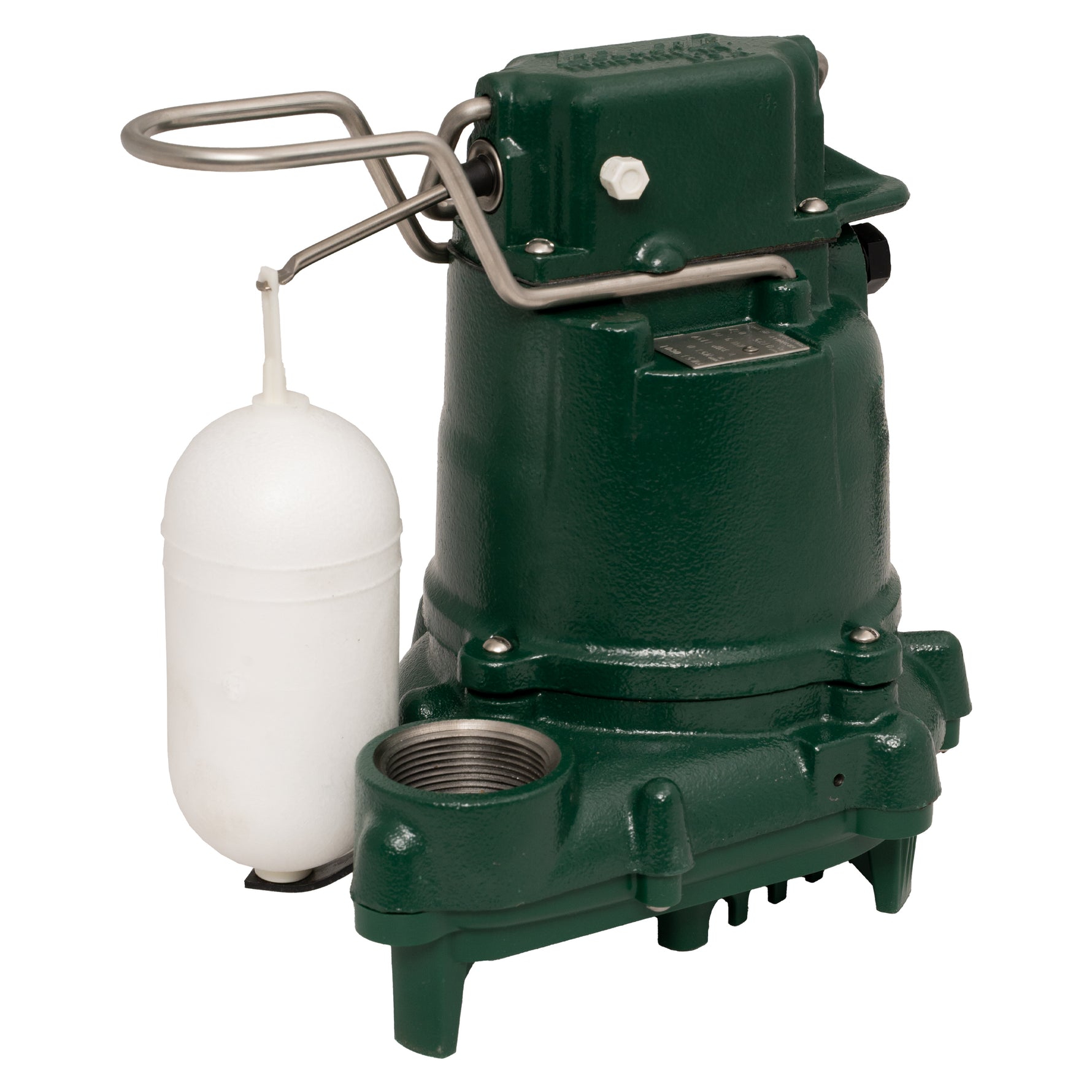 Green sewage pump with a white float on a white background