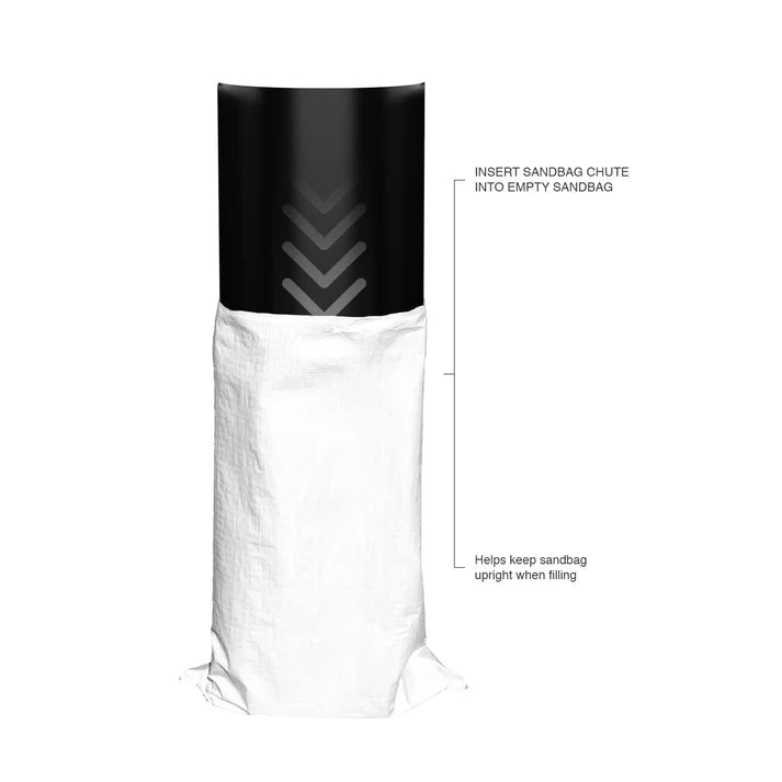 White sandbag with black sandbag chute on a white background